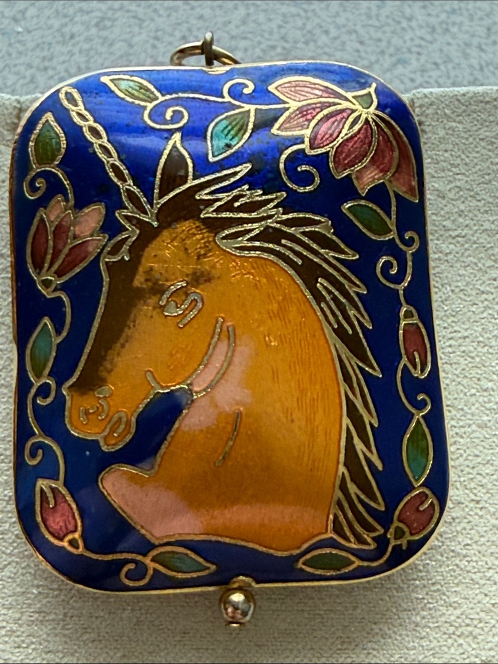 Vintage Cloisonné  Horse unicorn Art Pendant  Necklace charm blue & gold ⭐️